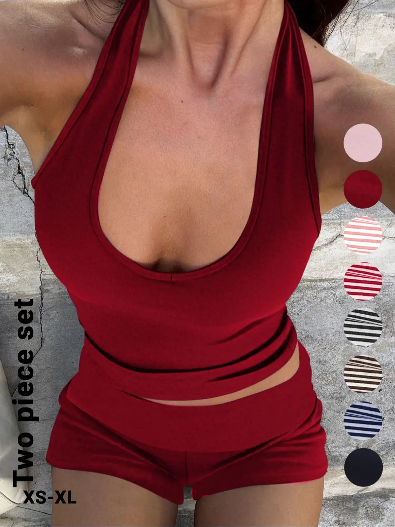 Women'S Casual Striped Halter Neck Sleeveless Crop Top & Shorts Set, Summer Fitted Two-Piece, Regular Length, Moderate Fabric Thickness Pants