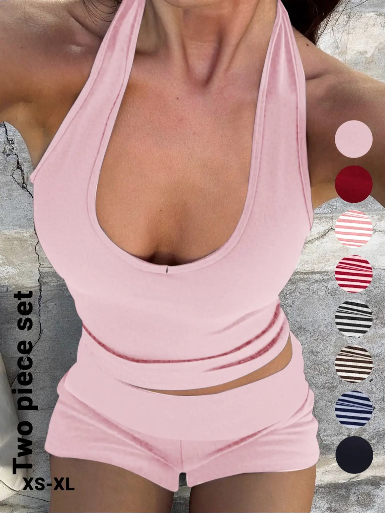 Women'S Casual Striped Halter Neck Sleeveless Crop Top & Shorts Set, Summer Fitted Two-Piece, Regular Length, Moderate Fabric Thickness Pants