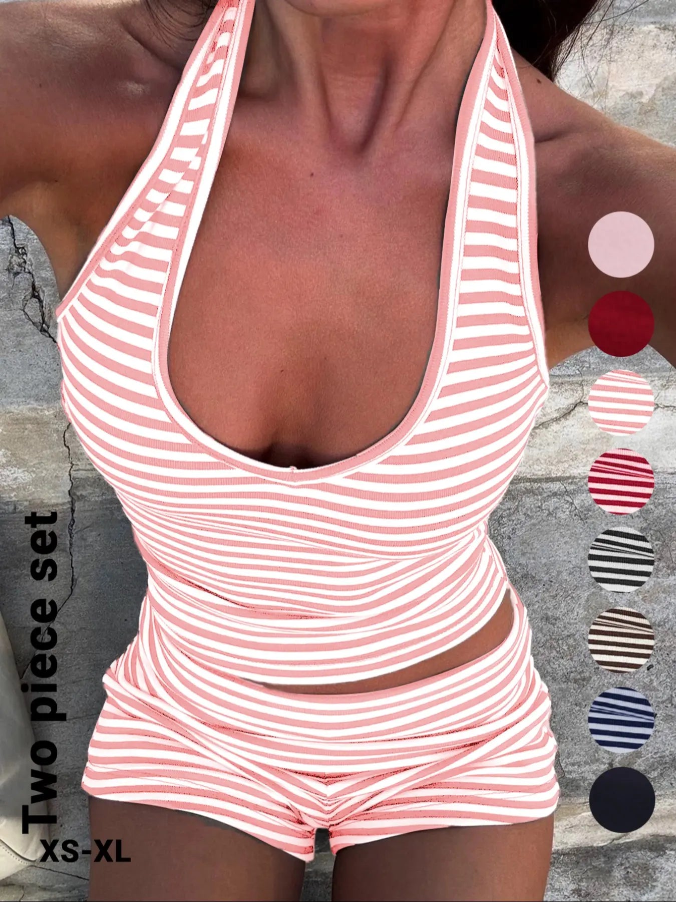 Women'S Casual Striped Halter Neck Sleeveless Crop Top & Shorts Set, Summer Fitted Two-Piece, Regular Length, Moderate Fabric Thickness Pants