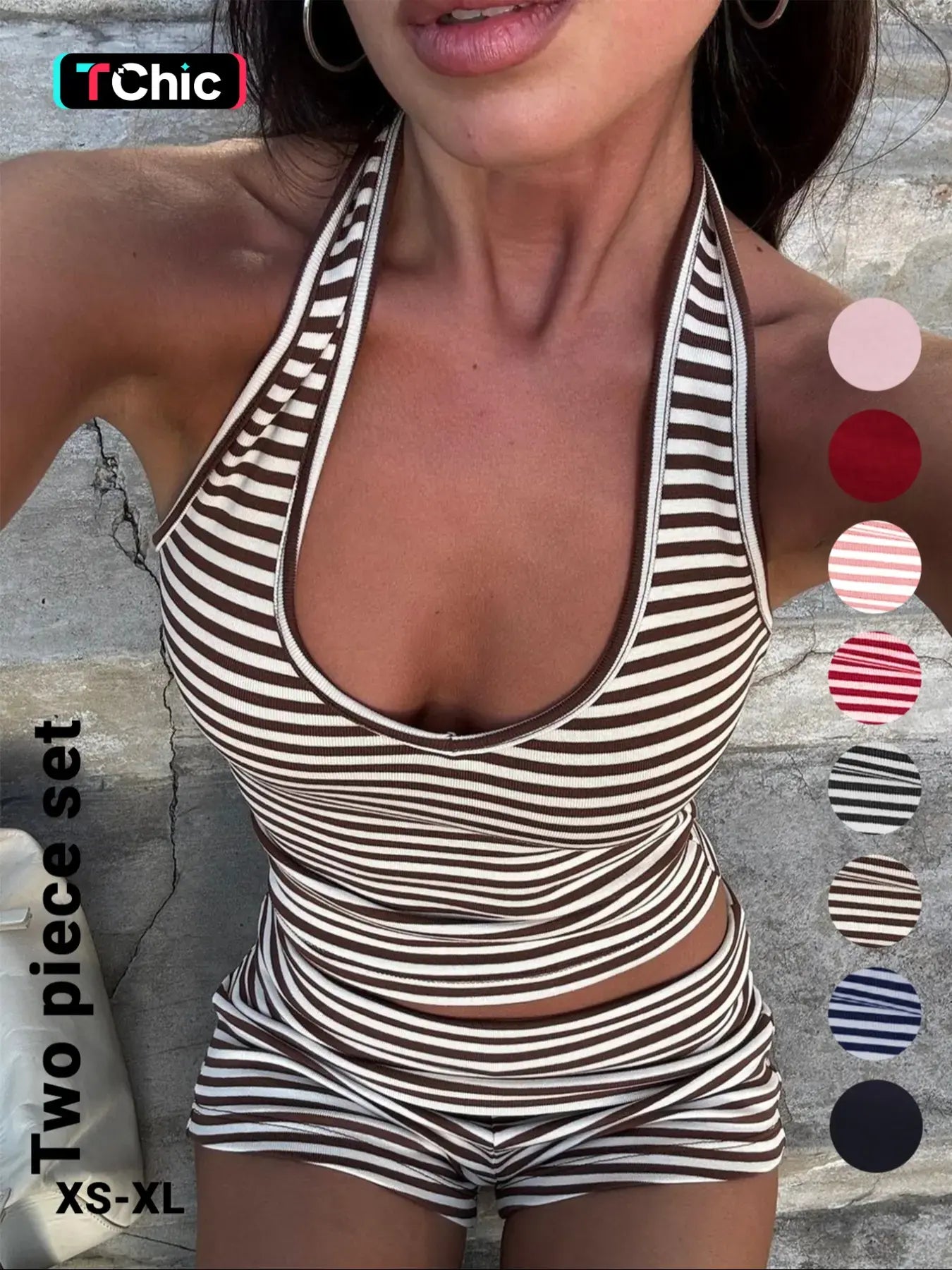 Women'S Casual Striped Halter Neck Sleeveless Crop Top & Shorts Set, Summer Fitted Two-Piece, Regular Length, Moderate Fabric Thickness Pants