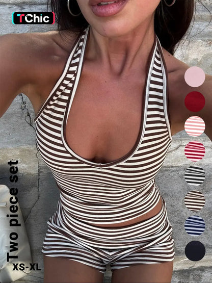 Women'S Casual Striped Halter Neck Sleeveless Crop Top & Shorts Set, Summer Fitted Two-Piece, Regular Length, Moderate Fabric Thickness Pants