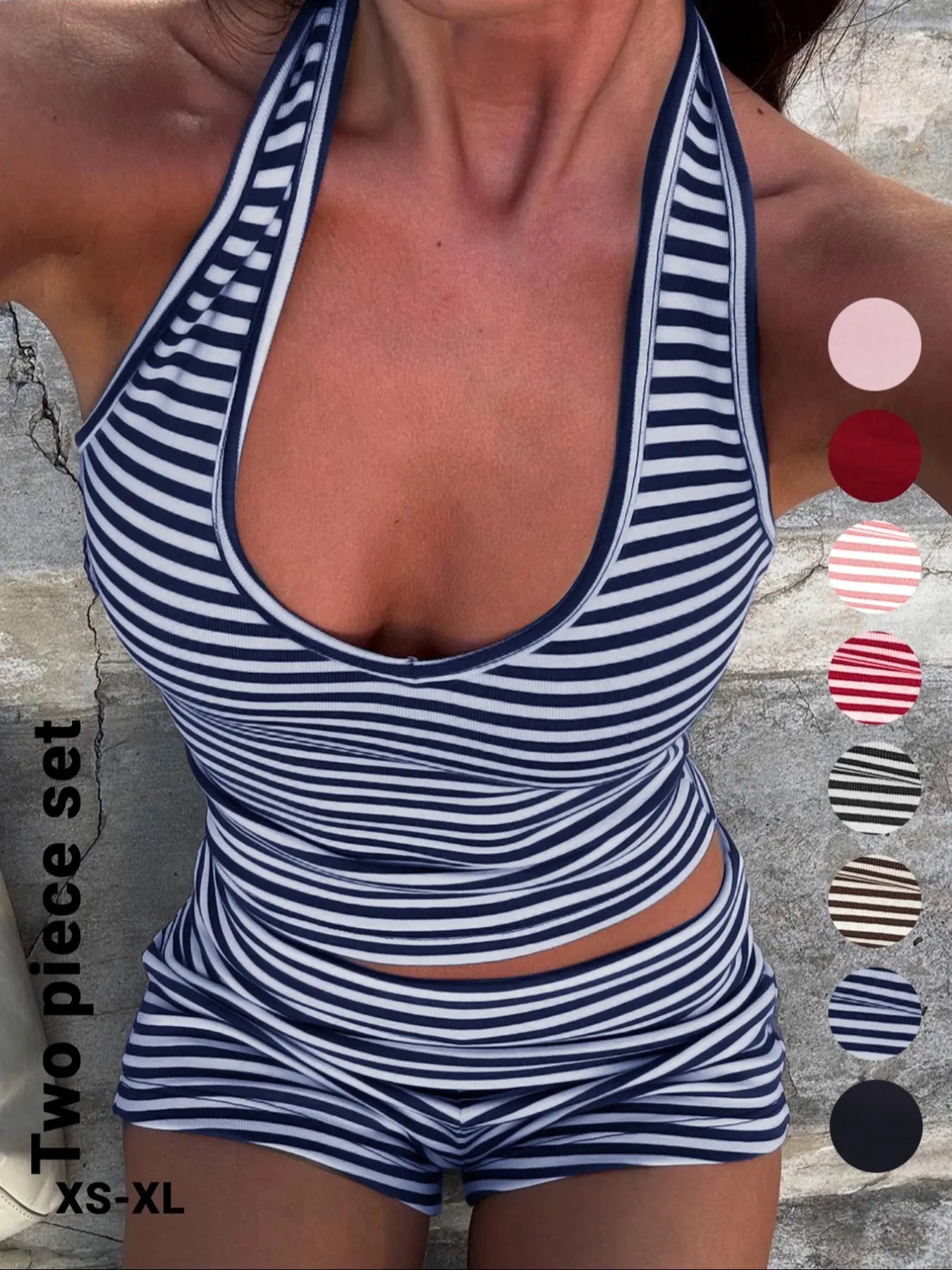 Women'S Casual Striped Halter Neck Sleeveless Crop Top & Shorts Set, Summer Fitted Two-Piece, Regular Length, Moderate Fabric Thickness Pants