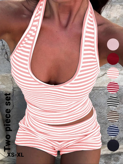 Women'S Casual Striped Halter Neck Sleeveless Crop Top & Shorts Set, Summer Fitted Two-Piece, Regular Length, Moderate Fabric Thickness Pants