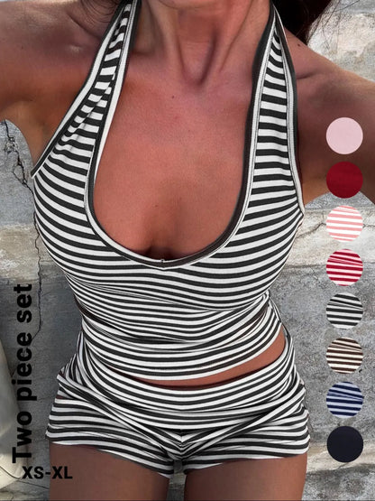 Women'S Casual Striped Halter Neck Sleeveless Crop Top & Shorts Set, Summer Fitted Two-Piece, Regular Length, Moderate Fabric Thickness Pants