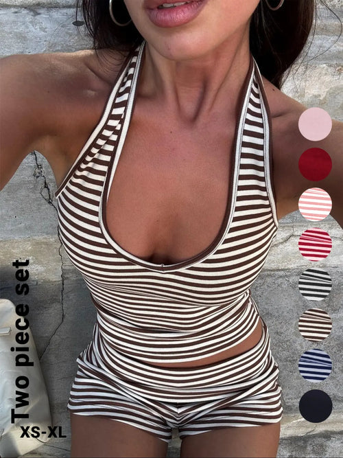 Women'S Casual Striped Halter Neck Sleeveless Crop Top & Shorts Set, Summer Fitted Two-Piece, Regular Length, Moderate Fabric Thickness Pants