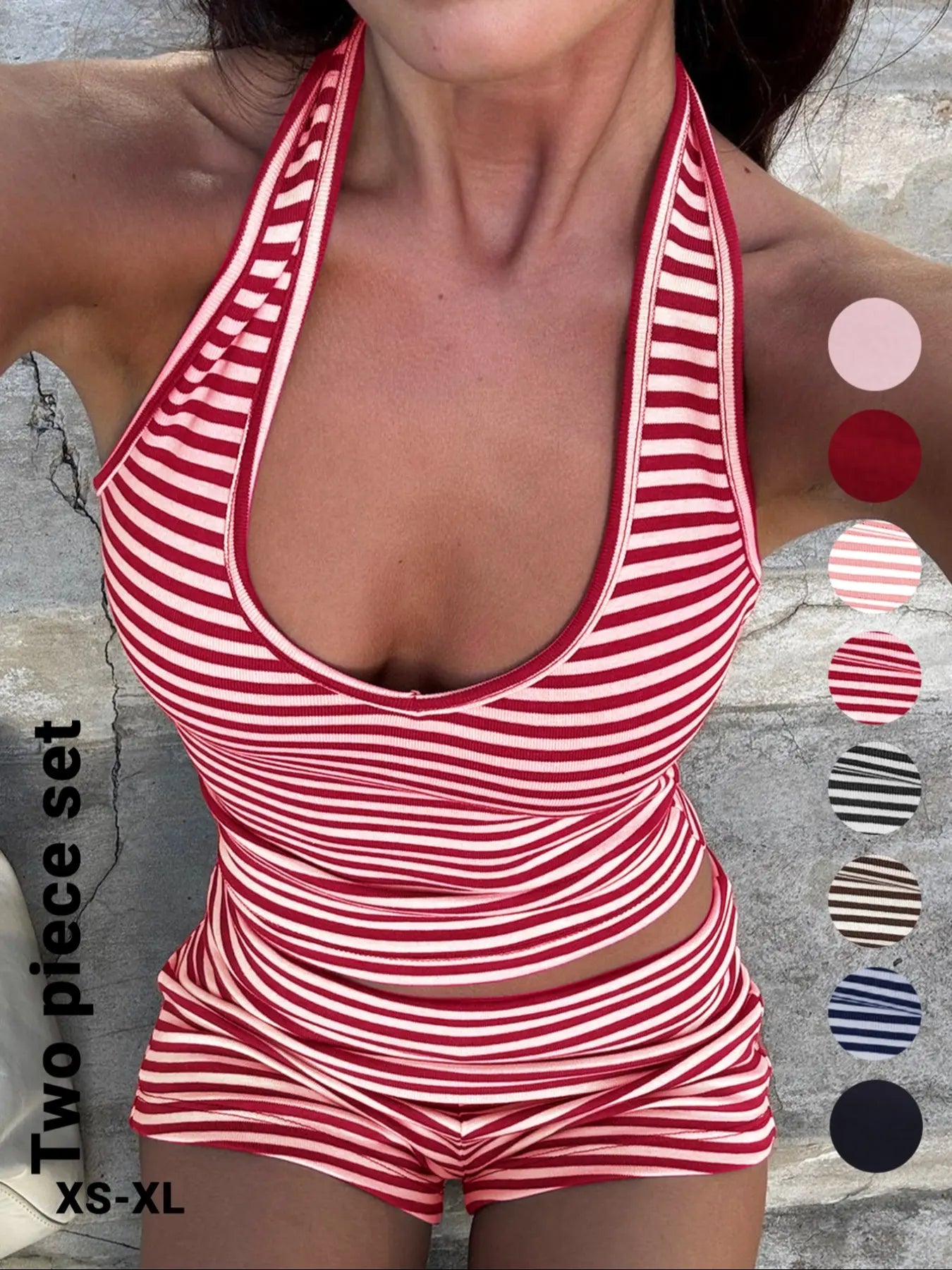 Women'S Casual Striped Halter Neck Sleeveless Crop Top & Shorts Set, Summer Fitted Two-Piece, Regular Length, Moderate Fabric Thickness Pants