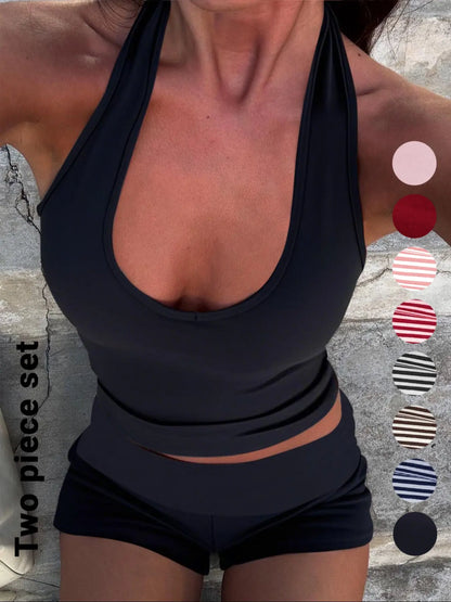 Women'S Casual Striped Halter Neck Sleeveless Crop Top & Shorts Set, Summer Fitted Two-Piece, Regular Length, Moderate Fabric Thickness Pants